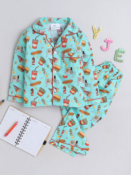 Hopscotch - Unisex Aqua Snacks Print Cotton Shirt And Pajama Sleepwear Set