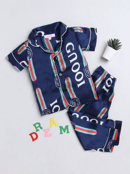Hopscotch - Unisex Navy Text Print Shirt And Pajama Set