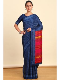 Soch - Womens Blue Art Silk Print Saree with Unstitched Blouse