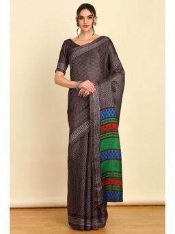 Soch - Womens Charcoal Art Silk Print Saree with Unstitched Blouse