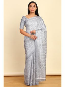 Soch - Womens Grey Art Silk Geometric Print Saree with Unstitched Blouse