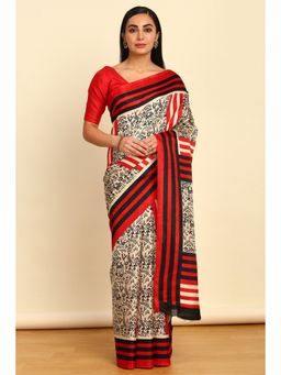 Soch - Womens Red Art Silk Warli Print Saree with Unstitched Blouse
