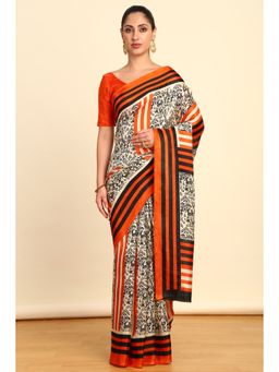 Soch - Womens Orange Art Silk Warli Print Saree with Unstitched Blouse