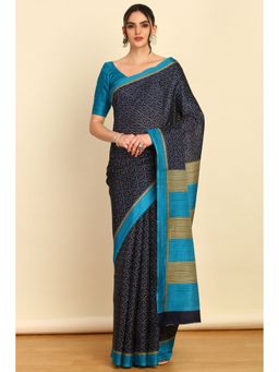 Soch - Womens Blue Art Silk Ditsy Print Saree with Unstitched Blouse
