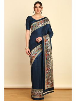 Soch - Womens Blue Art Silk Madhubani Print Saree with Unstitched Blouse