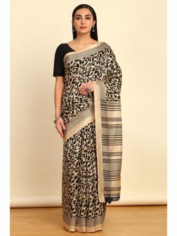 Soch - Womens Beige Art Silk Botanical Print Saree with Unstitched Blouse