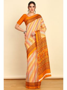 Soch - Womens Mustard Art Silk Striped Saree with Unstitched Blouse
