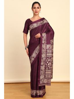 Soch - Womens Wine Art Silk Floral Print Saree with Unstitched Blouse