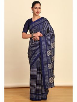 Soch - Womens Blue Art Silk Geometric Print Saree with Unstitched Blouse