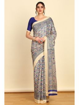 Soch - Womens Blue Art Silk Floral Print Saree with Unstitched Blouse