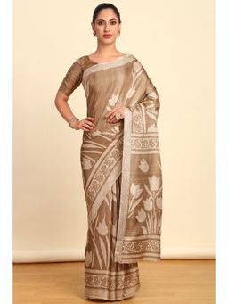 Soch - Womens Earth Art Silk Floral Print Saree with Unstitched Blouse