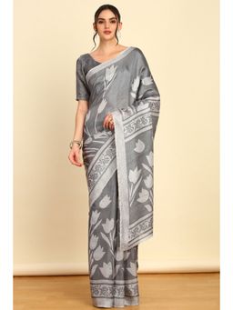 Soch - Womens Grey Art Silk Floral Print Saree with Unstitched Blouse