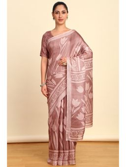 Soch - Womens Onion Pink Art Silk Floral Print Saree with Unstitched Blouse