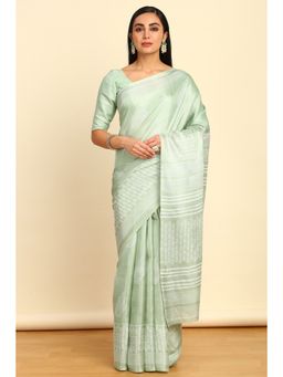 Soch - Womens Light Green Art Silk Botanical Print Saree with Unstitched Blouse
