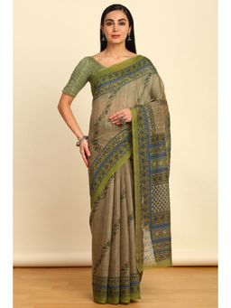 Soch - Womens Grey Linen Floral Print Saree with Unstitched Blouse