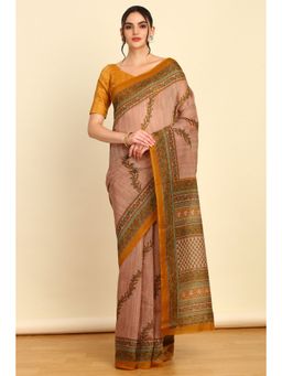 Soch - Womens Beige Linen Floral Print Saree with Unstitched Blouse