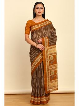 Soch - Womens Brown Linen Botanical Print Saree with Unstitched Blouse