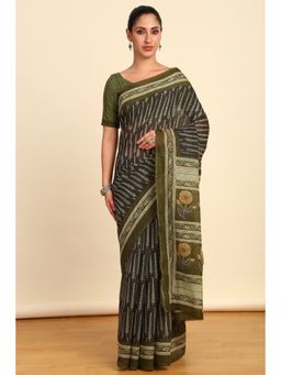 Soch - Womens Green Linen Botanical Print Saree with Unstitched Blouse