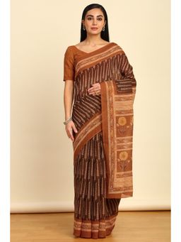 Soch - Womens Rust Linen Botanical Print Saree with Unstitched Blouse