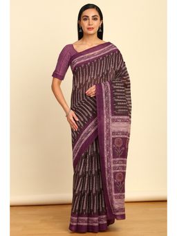 Soch - Womens Purple Linen Botanical Print Saree with Unstitched Blouse