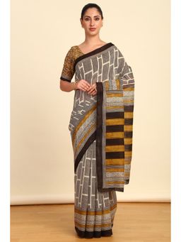 Soch - Womens Mustard Linen Geometric Print Saree with Unstitched Blouse