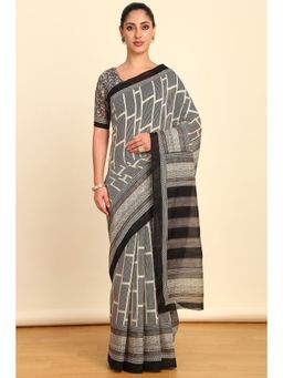 Soch - Womens Grey Linen Geometric Print Saree with Unstitched Blouse