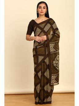 Soch - Womens Olive Linen Geometric Print Saree with Unstitched Blouse