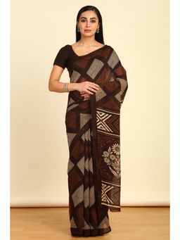 Soch - Womens Brown Linen Geometric Print Saree with Unstitched Blouse
