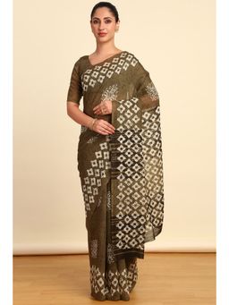 Soch - Womens Olive Linen Ethnic Motifs Saree with Unstitched Blouse