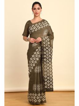 Soch - Womens Brown Linen Ethnic Motifs Saree with Unstitched Blouse