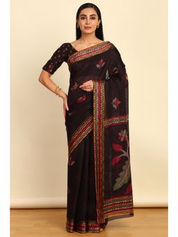 Soch - Womens Wine Cotton Floral Print Saree with Unstitched Blouse