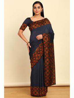 Soch - Womens Blue Art Silk Printed Saree with Unstitched Blouse