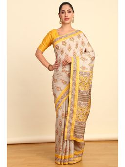 Soch - Womens Yellow Art Silk Floral Print Saree with Unstitched Blouse