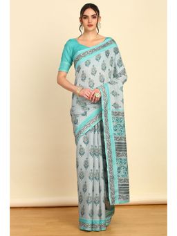 Soch - Womens Powder Blue Art Silk Floral Print Saree with Unstitched Blouse