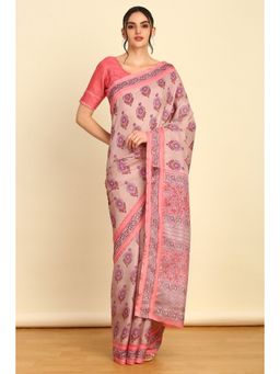 Soch - Womens Pink Art Silk Floral Print Saree with Unstitched Blouse