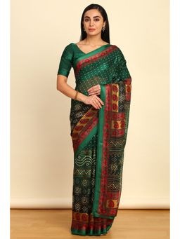 Soch - Womens Green Chiffon Print Saree with Unstitched Blouse