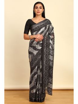 Soch - Womens Blue Chiffon Ethnic Motifs Saree with Unstitched Blouse