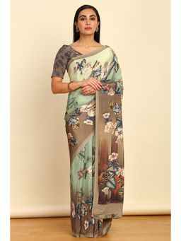 Soch - Womens Light Green Crepe Floral Print Saree with Unstitched Blouse