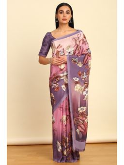 Soch - Womens Purple Crepe Floral Print Saree with Unstitched Blouse
