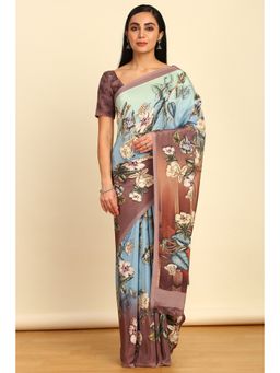Soch - Womens Powder Blue Crepe Floral Print Saree with Unstitched Blouse
