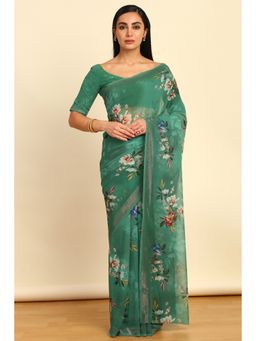 Soch - Womens Green Georgette Floral Print Saree with Unstitched Blouse