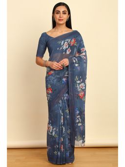 Soch - Womens Grey Georgette Floral Print Saree with Unstitched Blouse