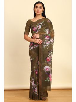 Soch - Womens Olive Georgette Floral Print Saree with Unstitched Blouse