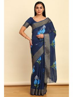 Soch - Womens Navy Blue Linen Floral Print Saree with Unstitched Blouse