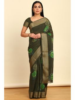 Soch - Womens Green Linen Floral Print Saree with Unstitched Blouse