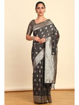 Soch - Womens Grey Tussar Woven Saree With Tassels with Unstitched Blouse