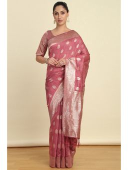 Soch - Womens Onion Pink Tussar Woven Saree With Tassels with Unstitched Blouse