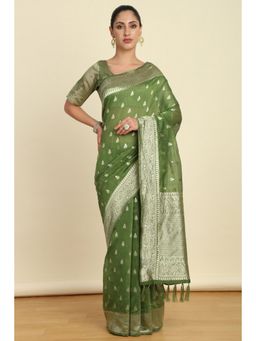 Soch - Womens Light Green Tussar Woven Design Saree with Unstitched Blouse