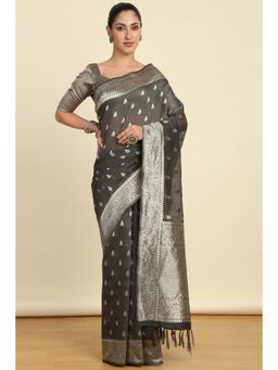 Soch - Womens Charcoal Tussar Woven Design Saree with Unstitched Blouse