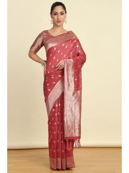 Soch - Womens Onion Pink Tussar Woven Design Saree with Unstitched Blouse